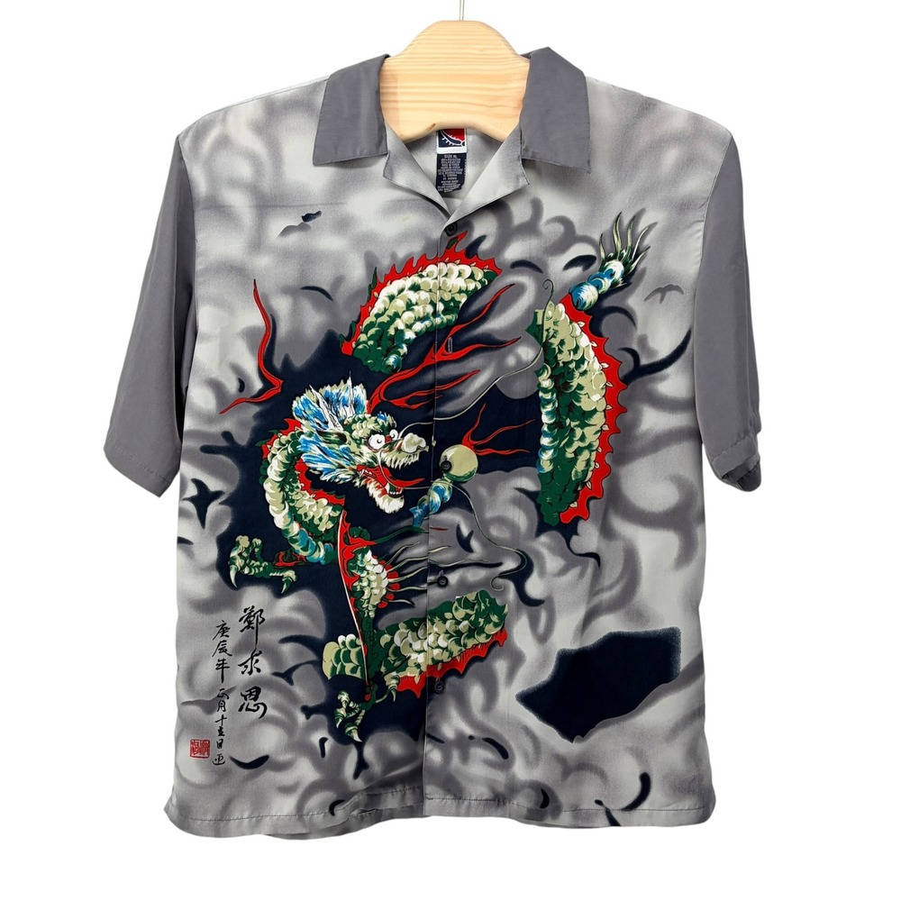 Grateful Dead Button Down Shirt XL Gray Dragon Graphic Short Sleeve Camp Collar
